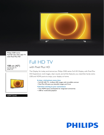 Philips 43PFT5545/79 5500 series Full HD Ultra Slim LED TV Product Datasheet | Manualzz