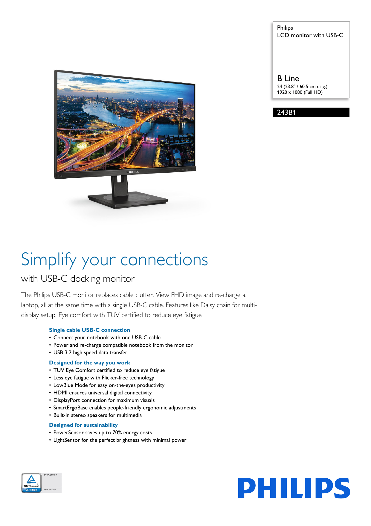 Philips 243B1/75 LCD monitor with USB-C 