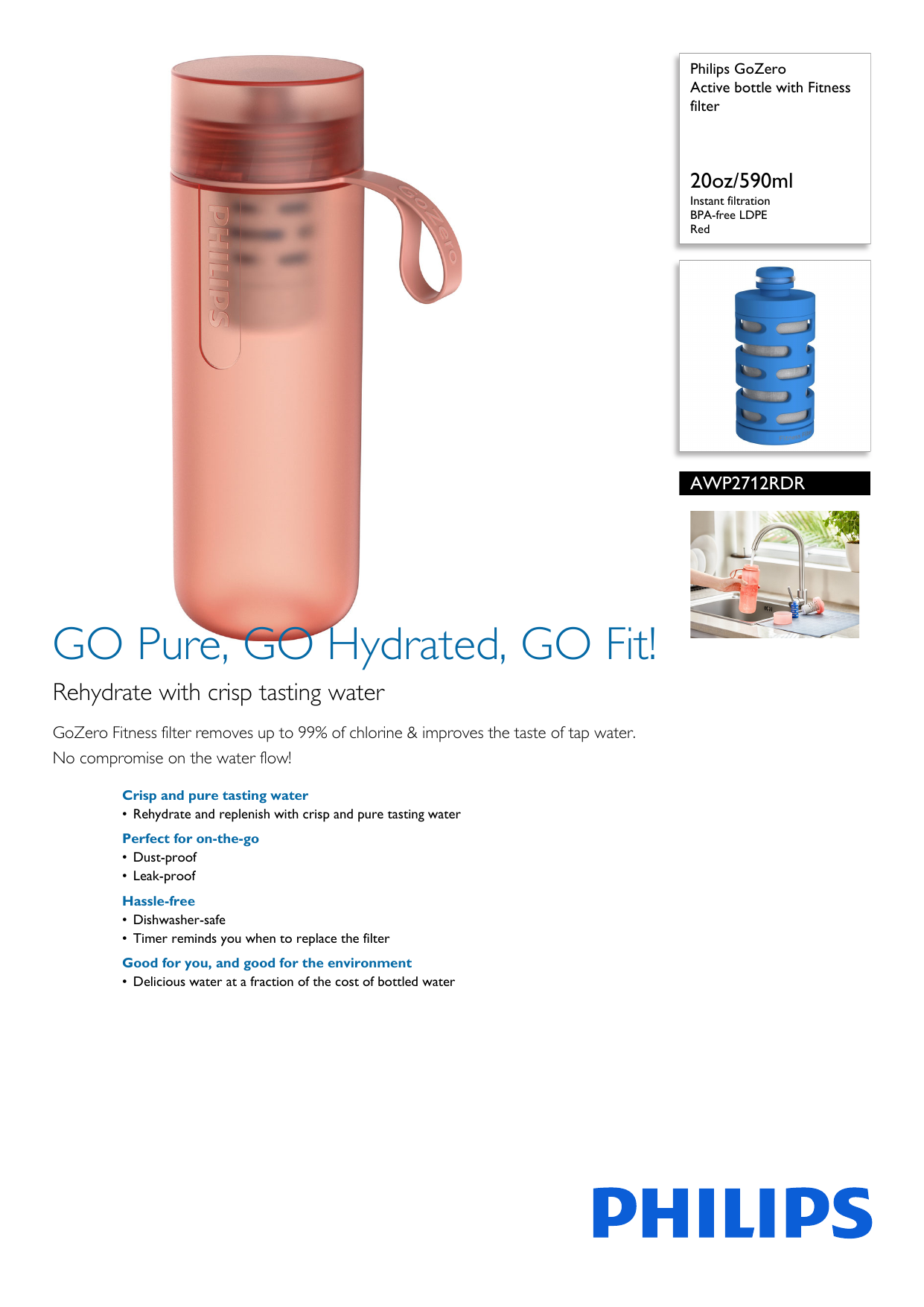 Philips GoZero Active Water Bottle with Fitness Filter, 20 oz, Red