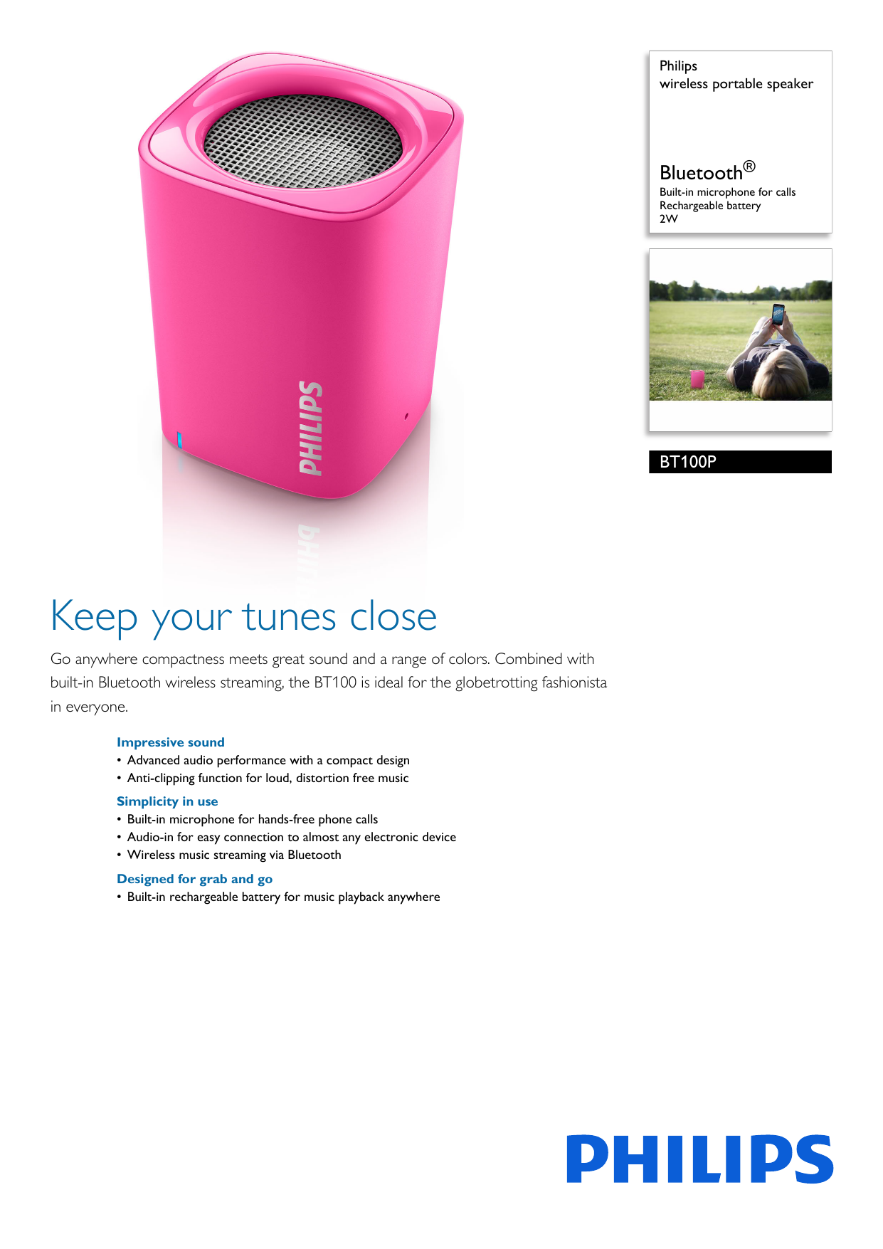 Philips BT100P wireless portable speaker Rechargeable Bluetooth BT100 Pink 