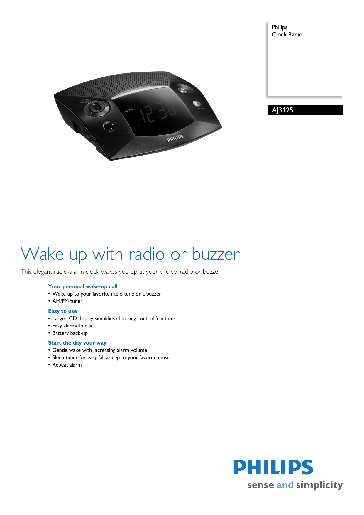 Philips AJ3125/37 Clock Radio Product Datasheet