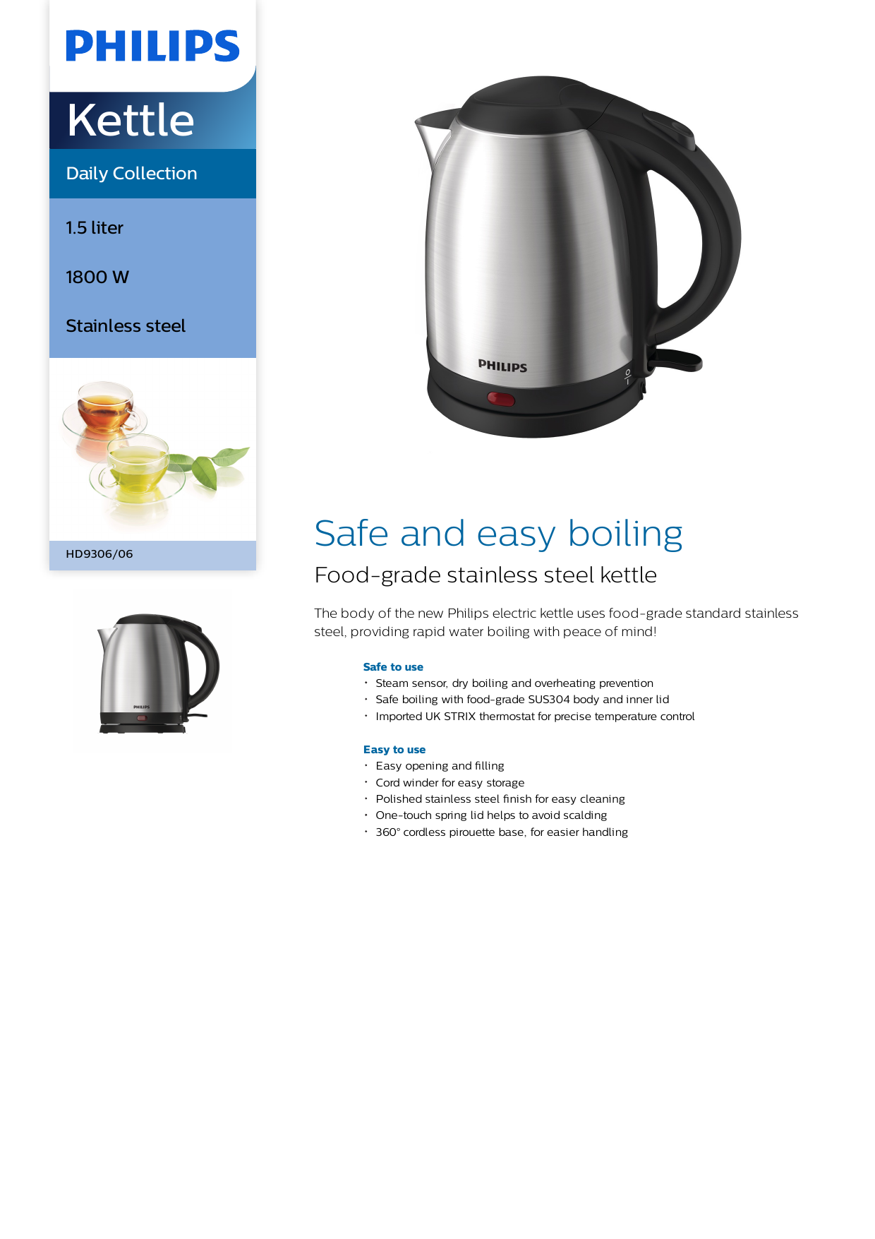 Philips Daily Collection HD9306/06 Electric Kettle 1.5 L 1800 W Metallic, Silver
