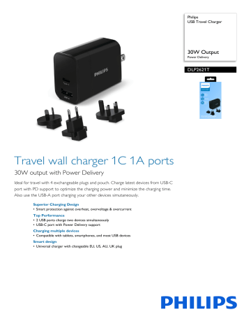 Philips DLP2621T/00 USB Travel Charger Product Datasheet | Manualzz