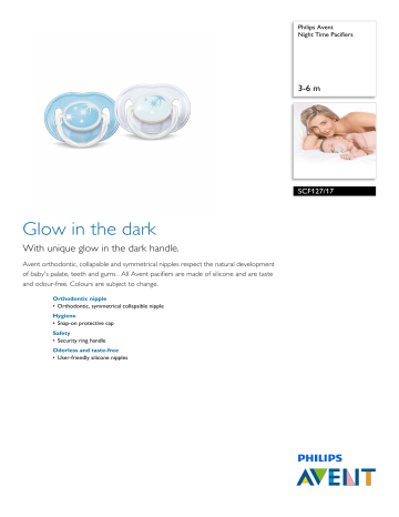 Avent SCF127/17 Avent Night Time Pacifiers Product Datasheet | Manualzz