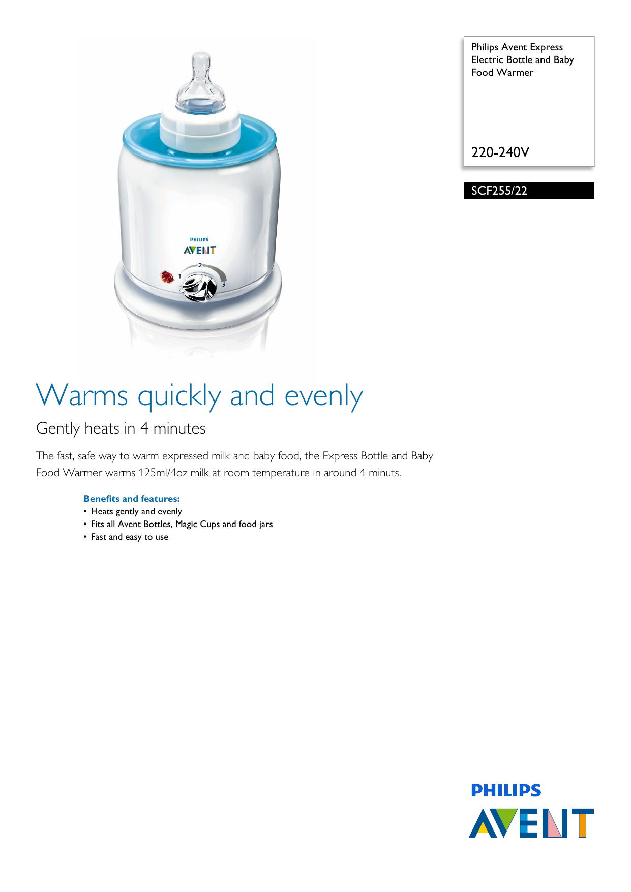 Avent SCF255/22 Avent Express Electric Bottle and Baby Food Warmer Product  Datasheet | Manualzz