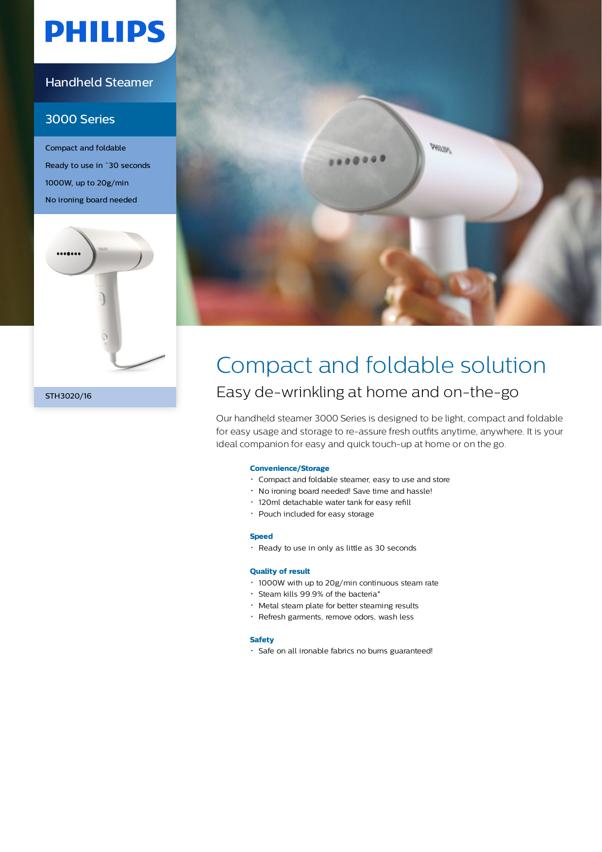Philips 3000 Series Compact And Foldable Handheld Steamer Sth3000/26