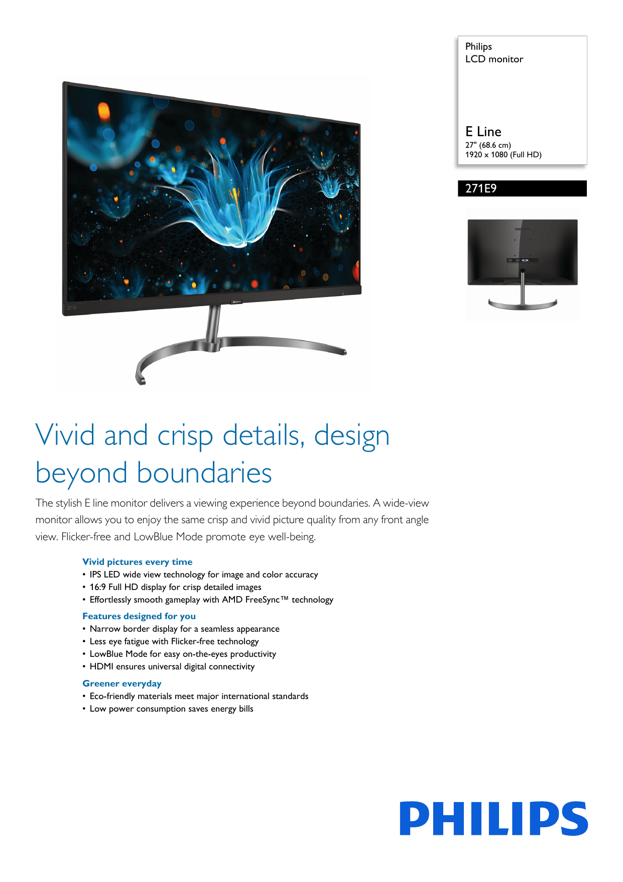 Philips 271E9/75 LCD monitor Product Datasheet | Manualzz