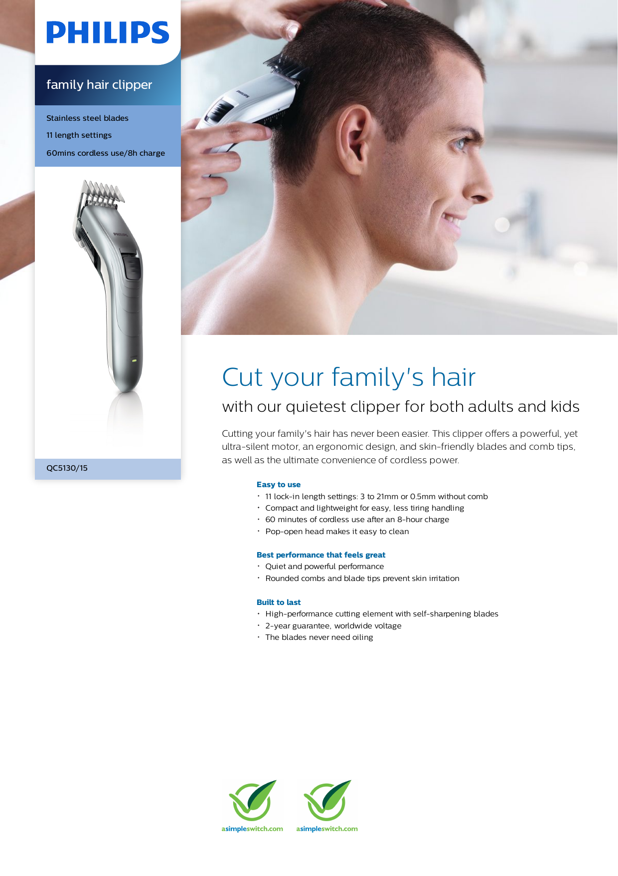 Philips QC5130/15 family hair clipper Product Datasheet | Manualzz