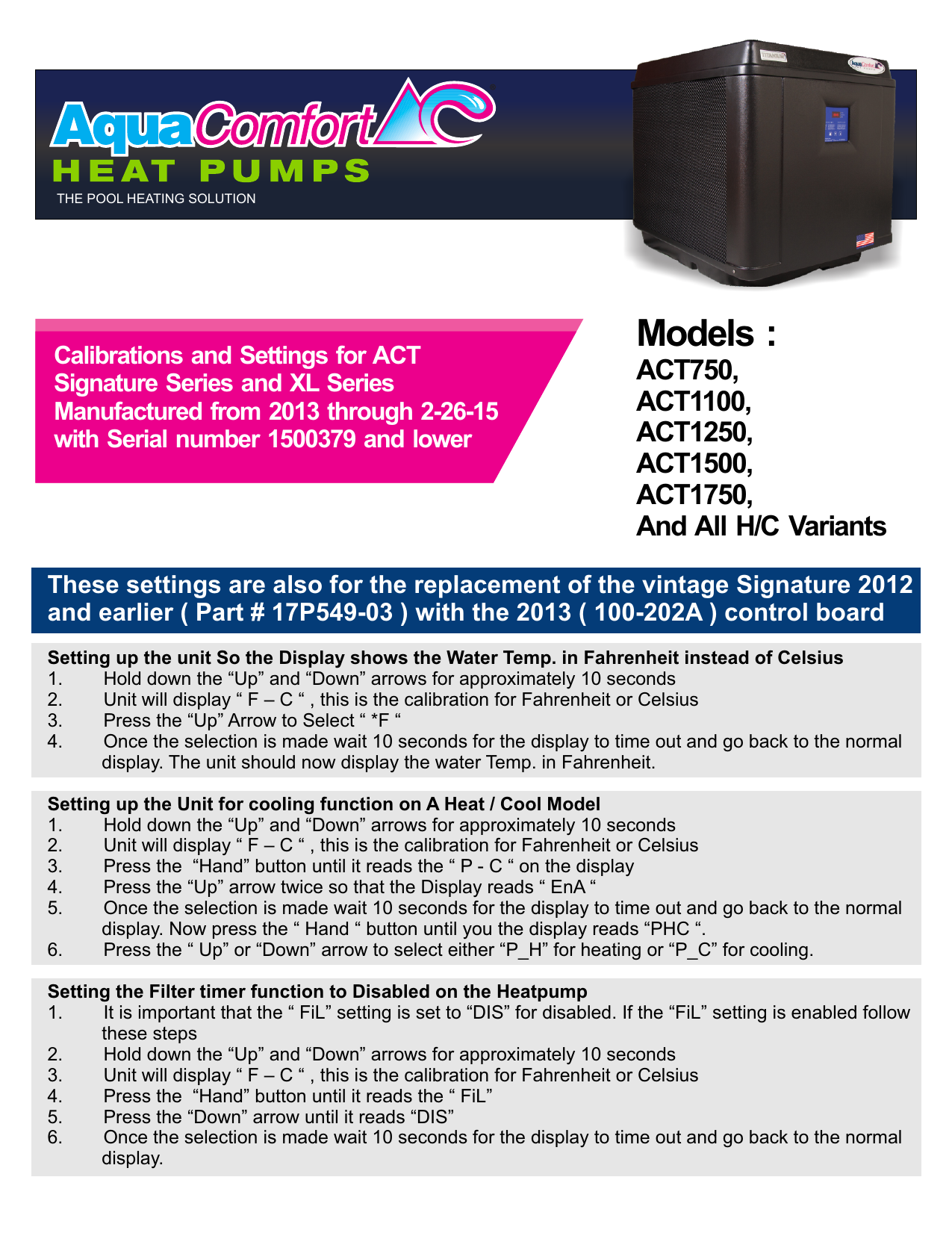 Aqua Comfort Act Signature Series Calibrations And Settings Manualzz