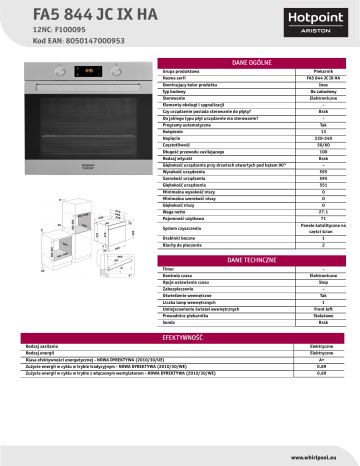 HOTPOINT/ARISTON FA5 844 JC IX HA Oven Product Data Sheet | Manualzz