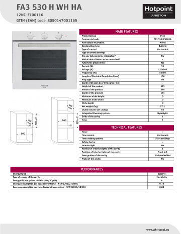 HOTPOINT/ARISTON FA3 530 H WH HA Oven Product Data Sheet | Manualzz