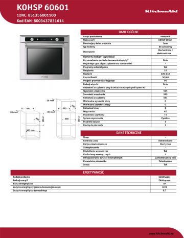 KitchenAid KOHSP 60601 Oven Product Data Sheet | Manualzz