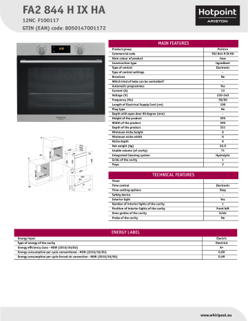 HOTPOINT/ARISTON FA2 844 H IX HA Oven Product Data Sheet | Manualzz
