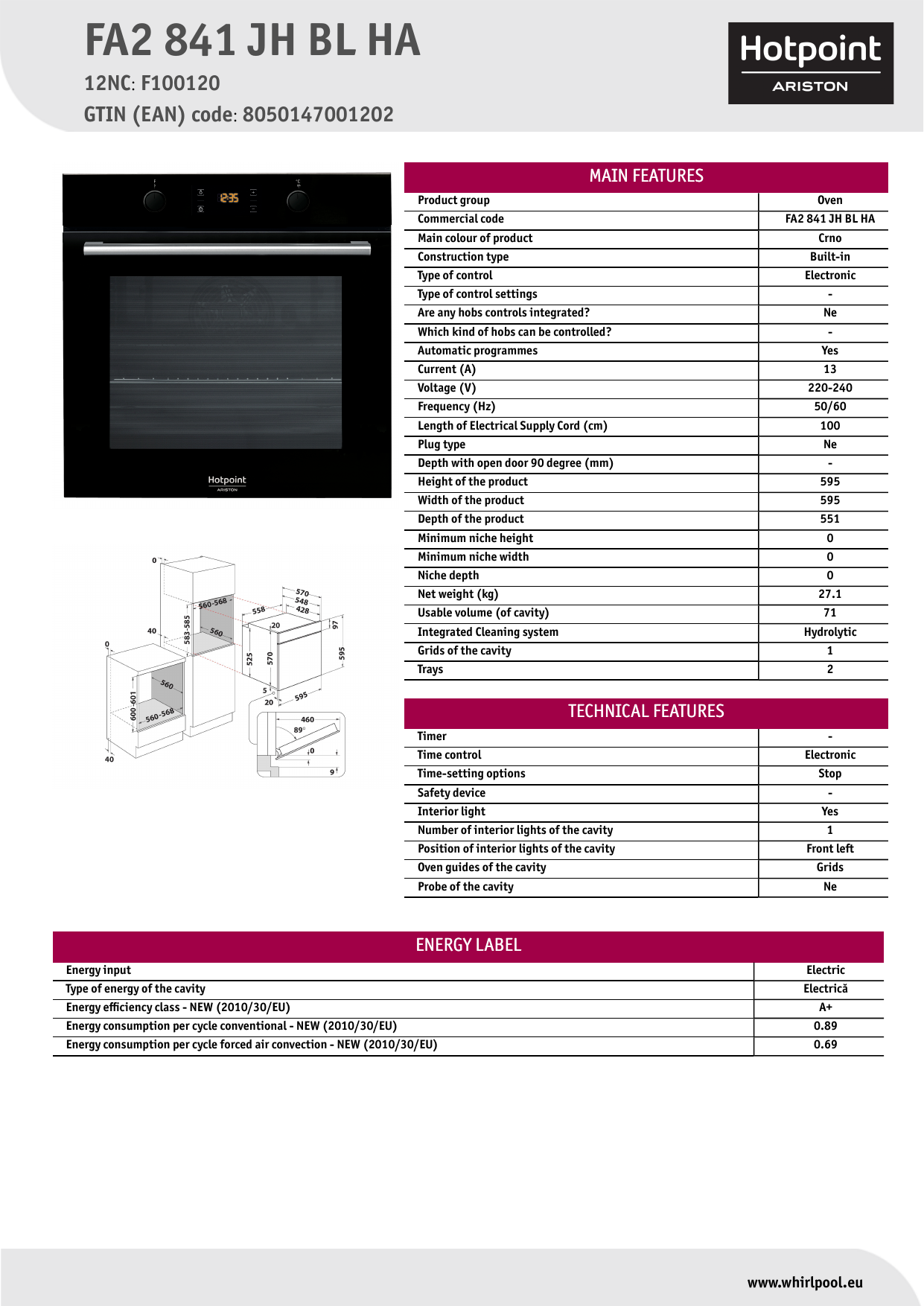 HOTPOINT/ARISTON FA2 841 JH BL HA Oven Product Data Sheet | Manualzz