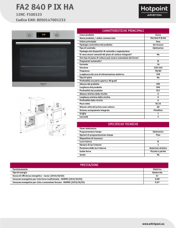 HOTPOINT/ARISTON FA2 840 P IX HA Oven Product Data Sheet | Manualzz