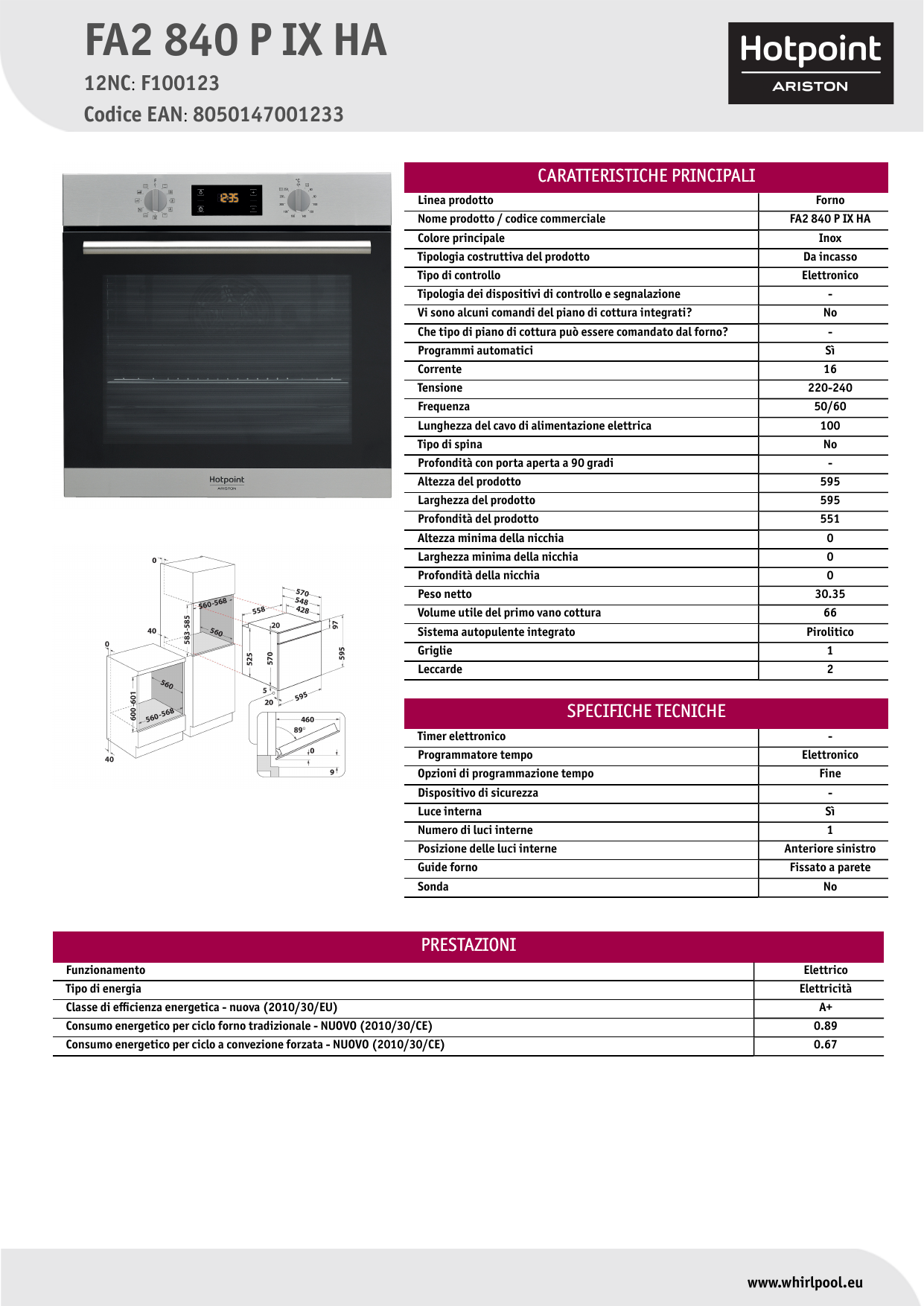 HOTPOINT/ARISTON FA2 840 P IX HA Oven Product Data Sheet | Manualzz