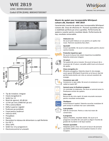 Whirlpool WIE 2B19 Dishwasher Product Data Sheet | Manualzz