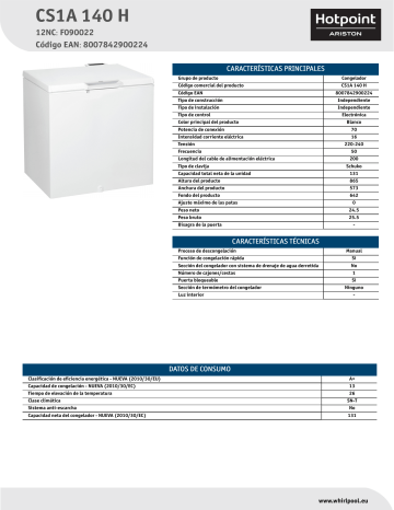 HOTPOINT/ARISTON CS1A 140 H Freezer Product Data Sheet | Manualzz