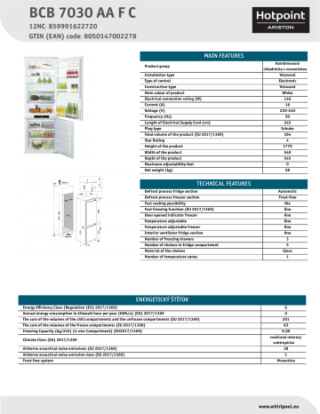 HOTPOINT/ARISTON BCB 7030 AA F C Fridge/freezer combination NEL Data Sheet  | Manualzz