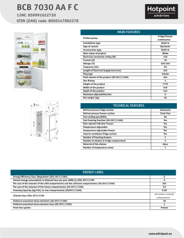 HOTPOINT/ARISTON BCB 7030 AA F C Fridge/freezer combination NEL Data Sheet | Manualzz