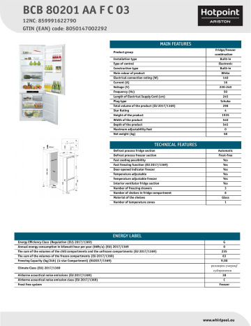 HOTPOINT/ARISTON BCB 80201 AA F C O3 Fridge/freezer combination NEL Data Sheet | Manualzz
