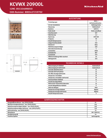 KitchenAid KCVWX 20900L Fridge/freezer combination Product Data Sheet | Manualzz