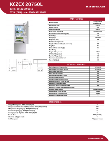 KitchenAid KCZCX 20750L Fridge/freezer combination Product Data Sheet | Manualzz