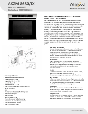 Whirlpool AKZM 8680/IX Oven Product Data Sheet | Manualzz