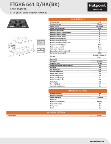 HOTPOINT/ARISTON FTGHG 641 D/HA(BK) Hob Product Data Sheet | Manualzz
