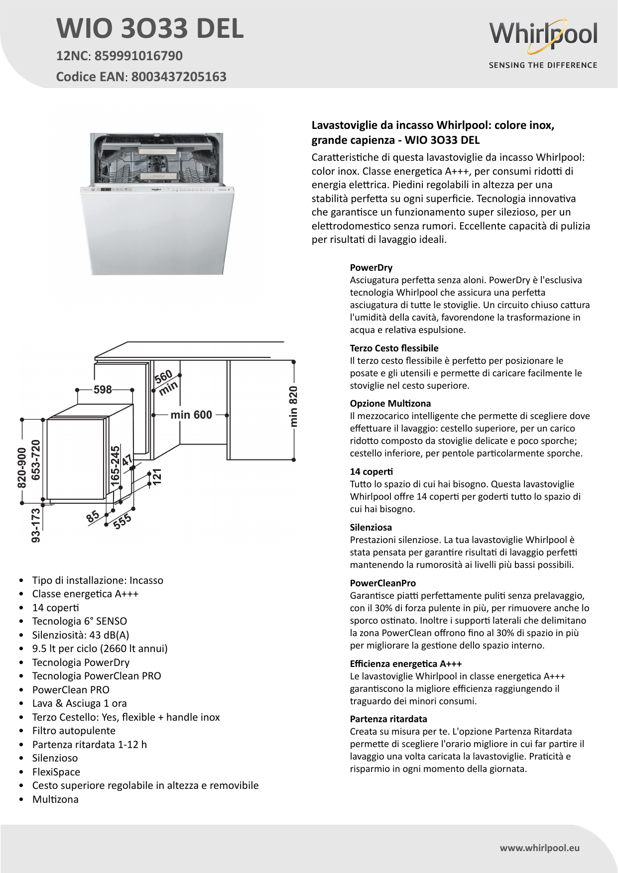Whirlpool WIO 3O33 DEL Dishwasher Product Data Sheet | Manualzz
