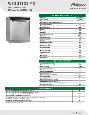 Whirlpool WFO 3T121 P X Dishwasher NEL Data Sheet | Manualzz