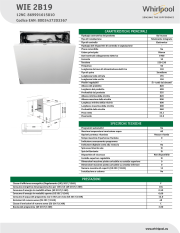 Whirlpool WIE 2B19 Dishwasher NEL Data Sheet | Manualzz