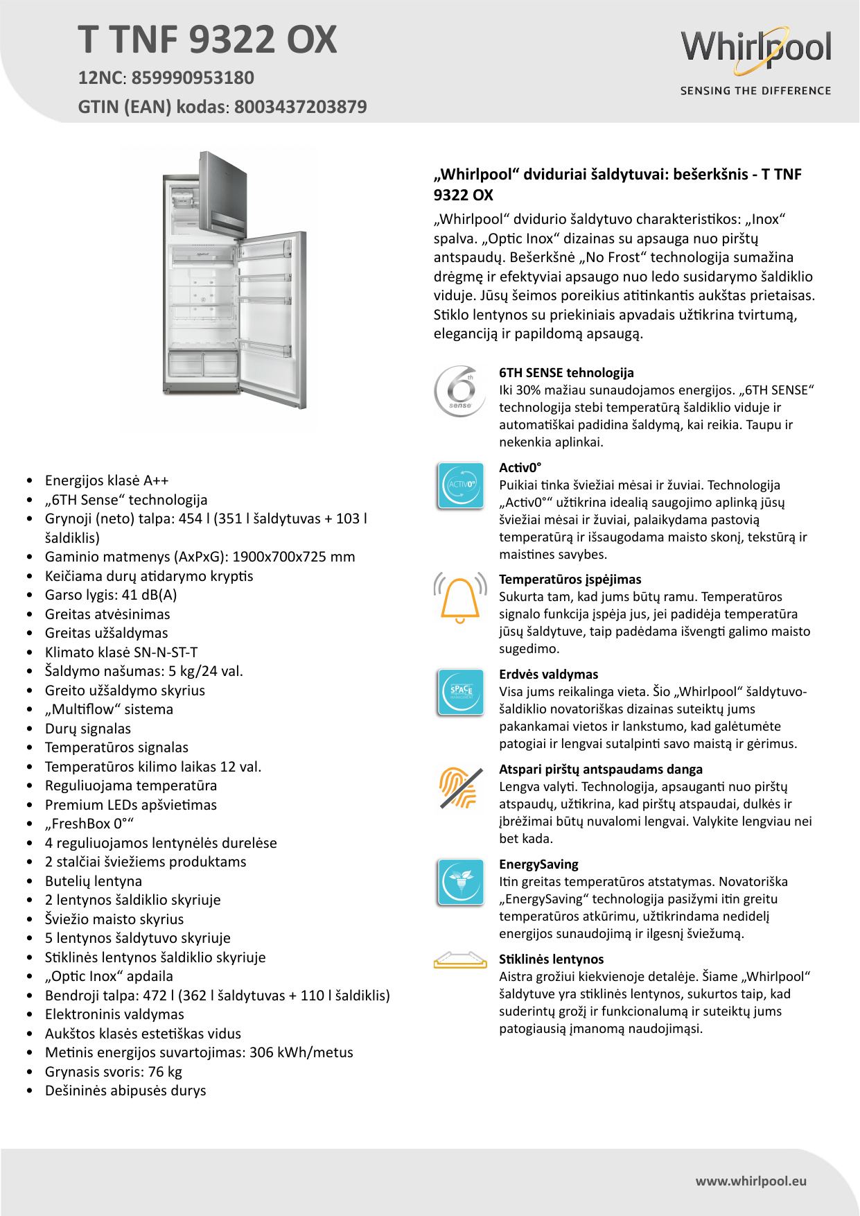Whirlpool T TNF 9322 OX Fridge/freezer combination Product Data Sheet |  Manualzz