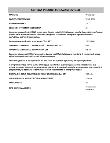 Whirlpool WSIC 3B16 Dishwasher Informazioni sul prodotto | Manualzz