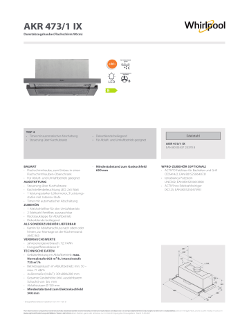 Whirlpool AKR 473/1 IX Hood Product Data Sheet | Manualzz