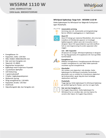Whirlpool W55RM 1110 W Refrigerator Product Data Sheet | Manualzz