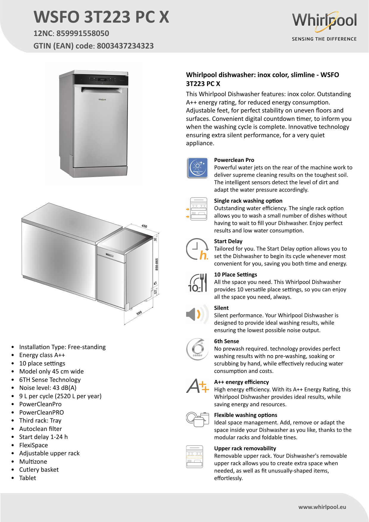 Whirlpool WSFO 3T223 PC X Dishwasher Product Data Sheet | Manualzz