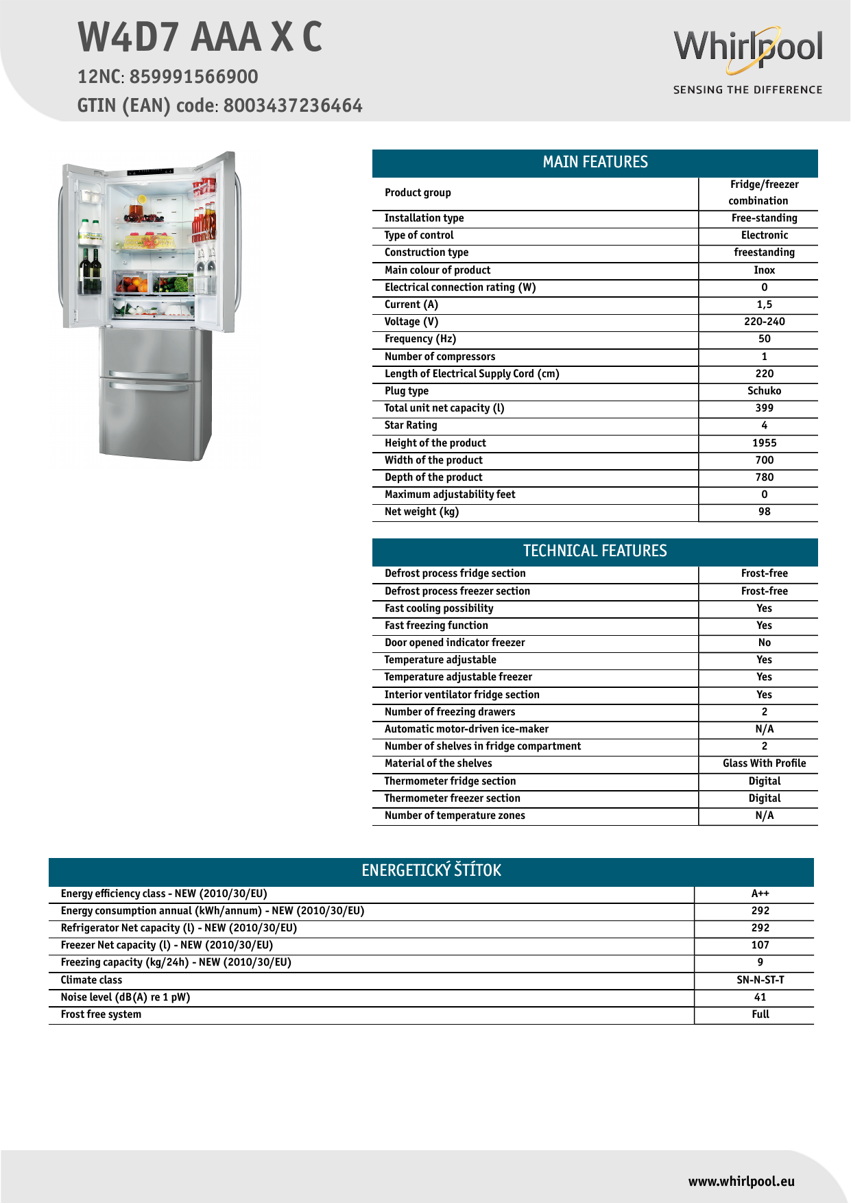 Whirlpool W4d7 a X C Fridge Freezer Combination Product Data Sheet Manualzz