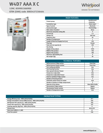Whirlpool W4D7 AAA X C Fridge/freezer combination Product Data Sheet | Manualzz