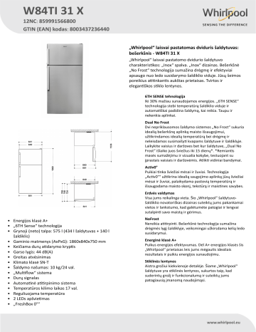 Whirlpool W84TI 31 X Fridge/freezer combination Product Data Sheet | Manualzz