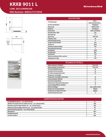 KitchenAid KRXB 9011 L Fridge/freezer combination Product Data Sheet | Manualzz