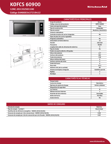 KitchenAid KOFCS 60900 Oven Product Data Sheet | Manualzz