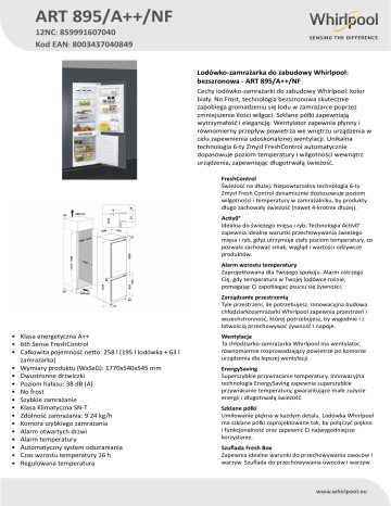 Whirlpool ART 895/A++/NF Fridge/freezer combination Product Data Sheet | Manualzz