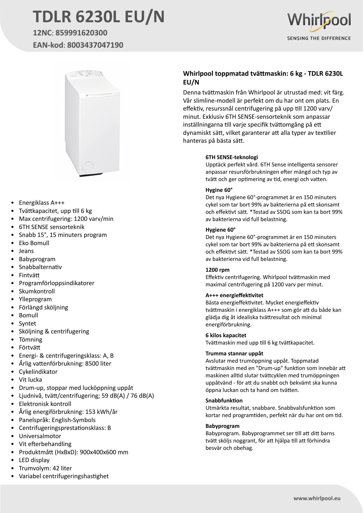 WHIRLPOOL TDLR6230L