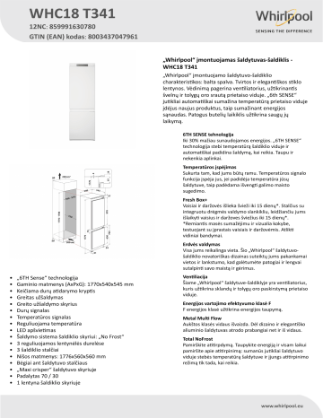 Whirlpool WHC18 T341 Fridge/freezer combination Product Data Sheet |  Manualzz