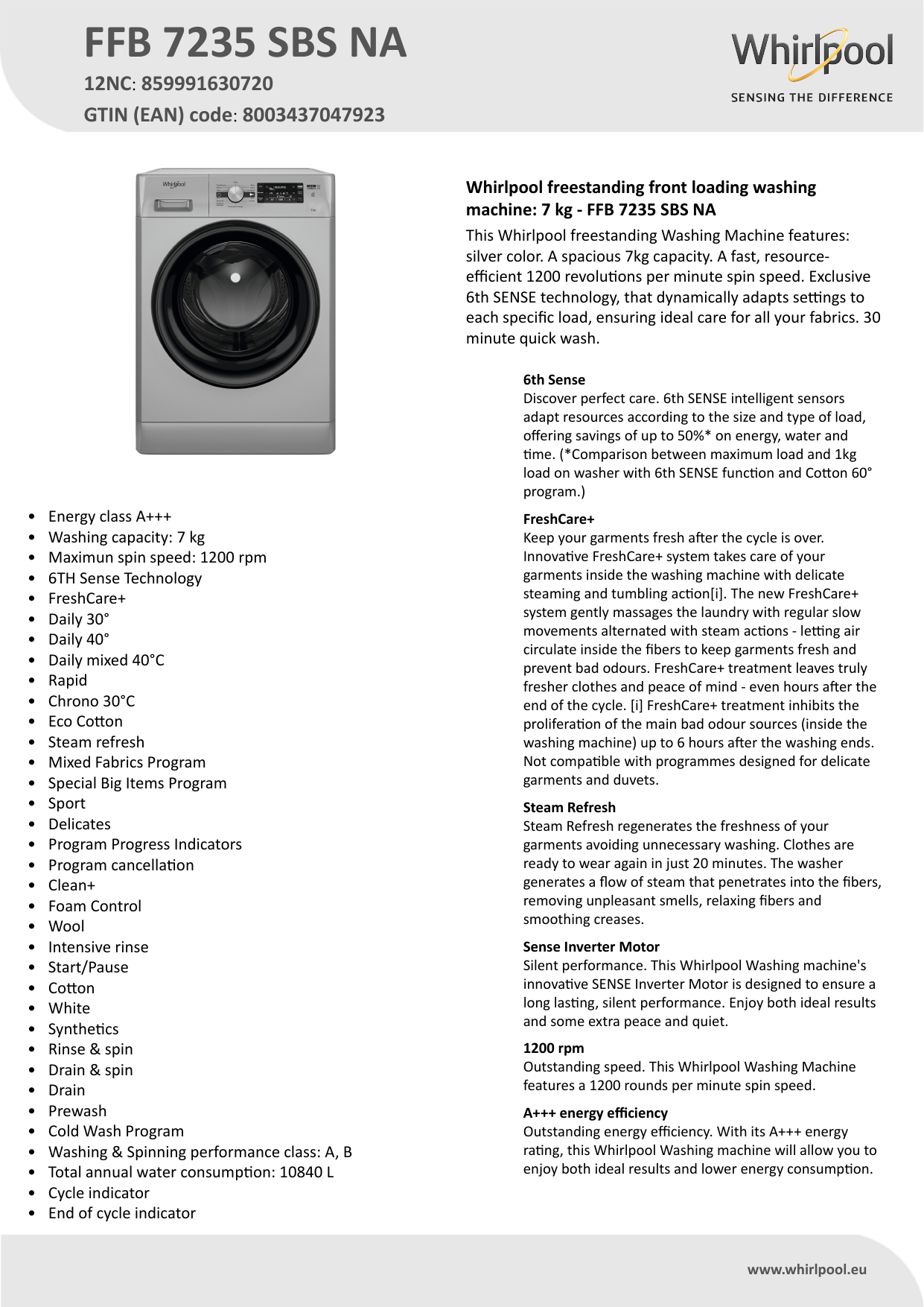 Whirlpool FFB 7235 SBS NA Washing machine Product Data Sheet | Manualzz