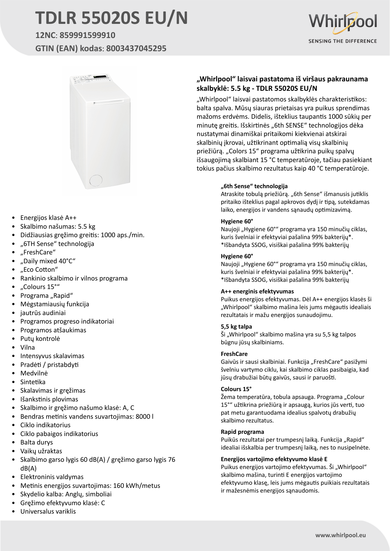 Whirlpool TDLR 55020S EU/N Washing machine Product Data Sheet | Manualzz