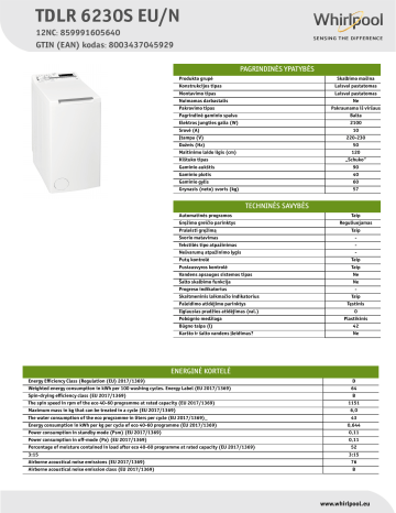 Whirlpool TDLR 6230S EU/N Washing machine NEL Data Sheet | Manualzz