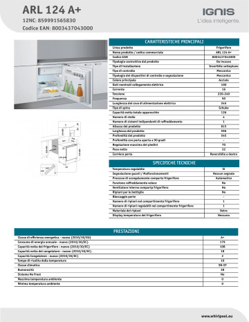 Ignis ARL 124 A+ Refrigerator Product Data Sheet | Manualzz