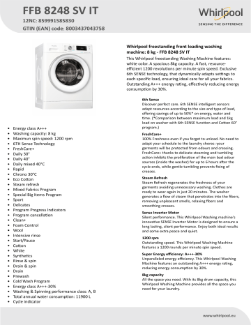 Whirlpool FFB 8248 SV IT Washing machine Product Data Sheet | Manualzz